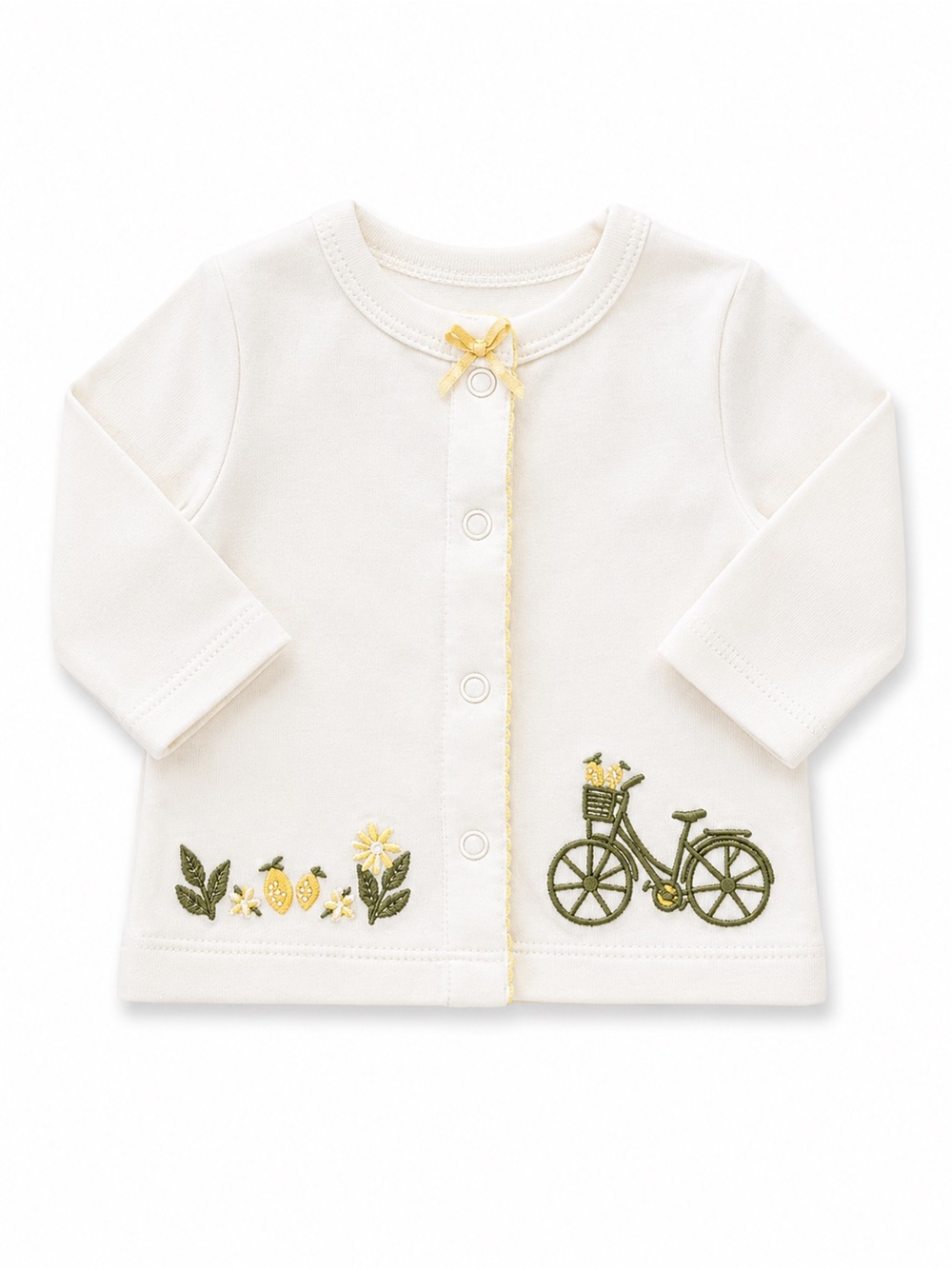 Cream Button-Front Top with Yellow & Green Embroidery